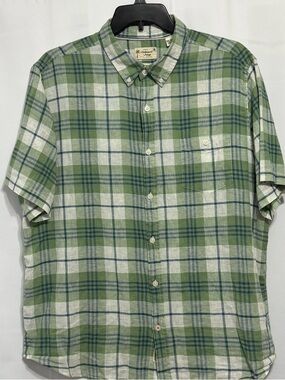 Weatherproof Vintage Linen Blend Plaid Shirt XXL Green White Resort Beach Button